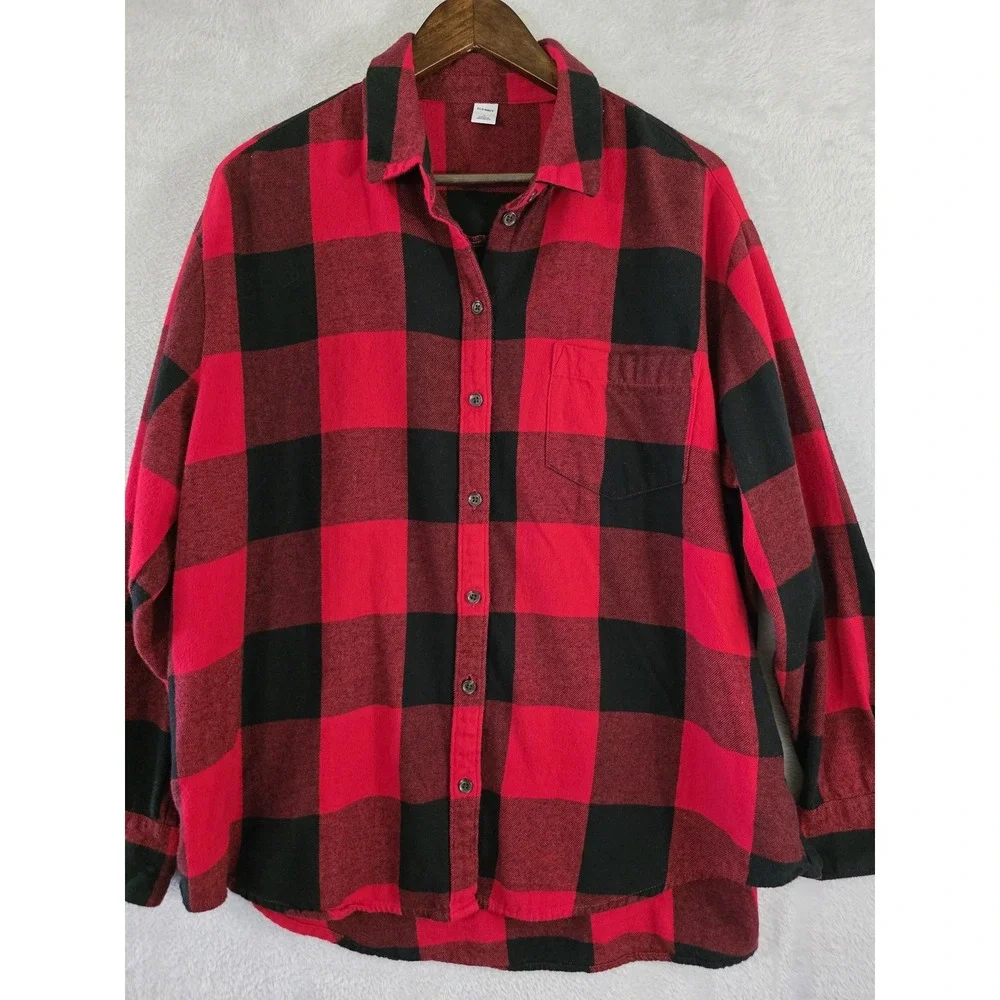 Old Navy Shirt Womens Lg Red Black Plaid Flannel Button Up Long‎ Sleeve Cotton - Picture 3 of 10